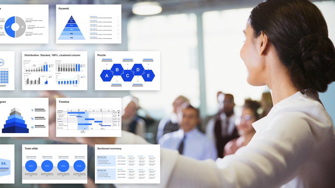 think-cell blog header showing a number of examples of business presentation slides and a woman presenting in front of an audience.