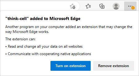 Edge dialog asking whether to Turn On or Remove think-cell extension.