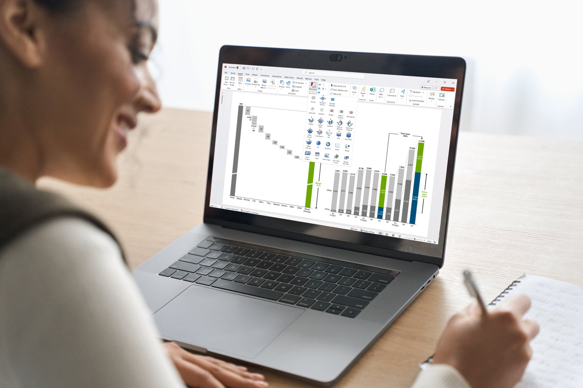 Woman working with think-cell in PowerPoint. Slide shows two charts: one is a waterfall chart, and the other is a stacked column chart.