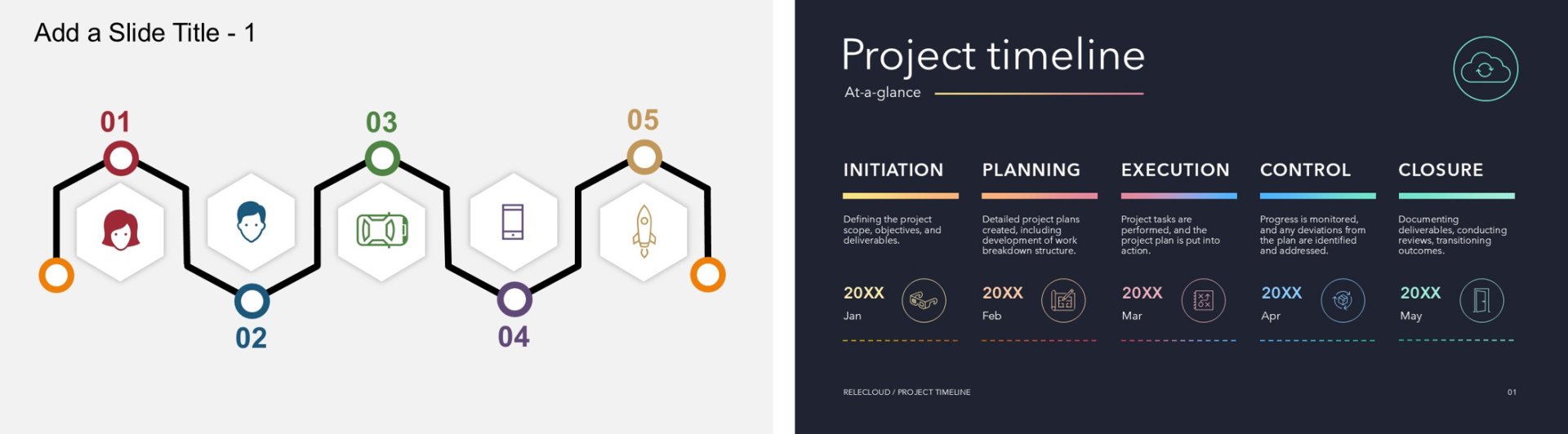 Two PowerPoint timeline design templates for milestone charts.