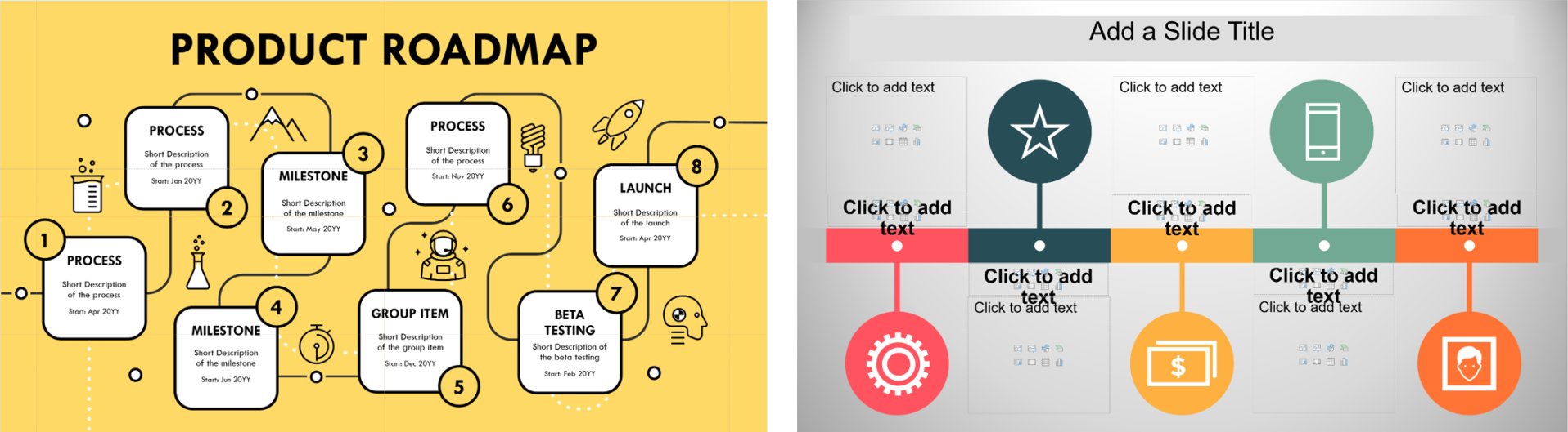 Two PowerPoint timeline design templates, one for a product roadmap and one for milestones.