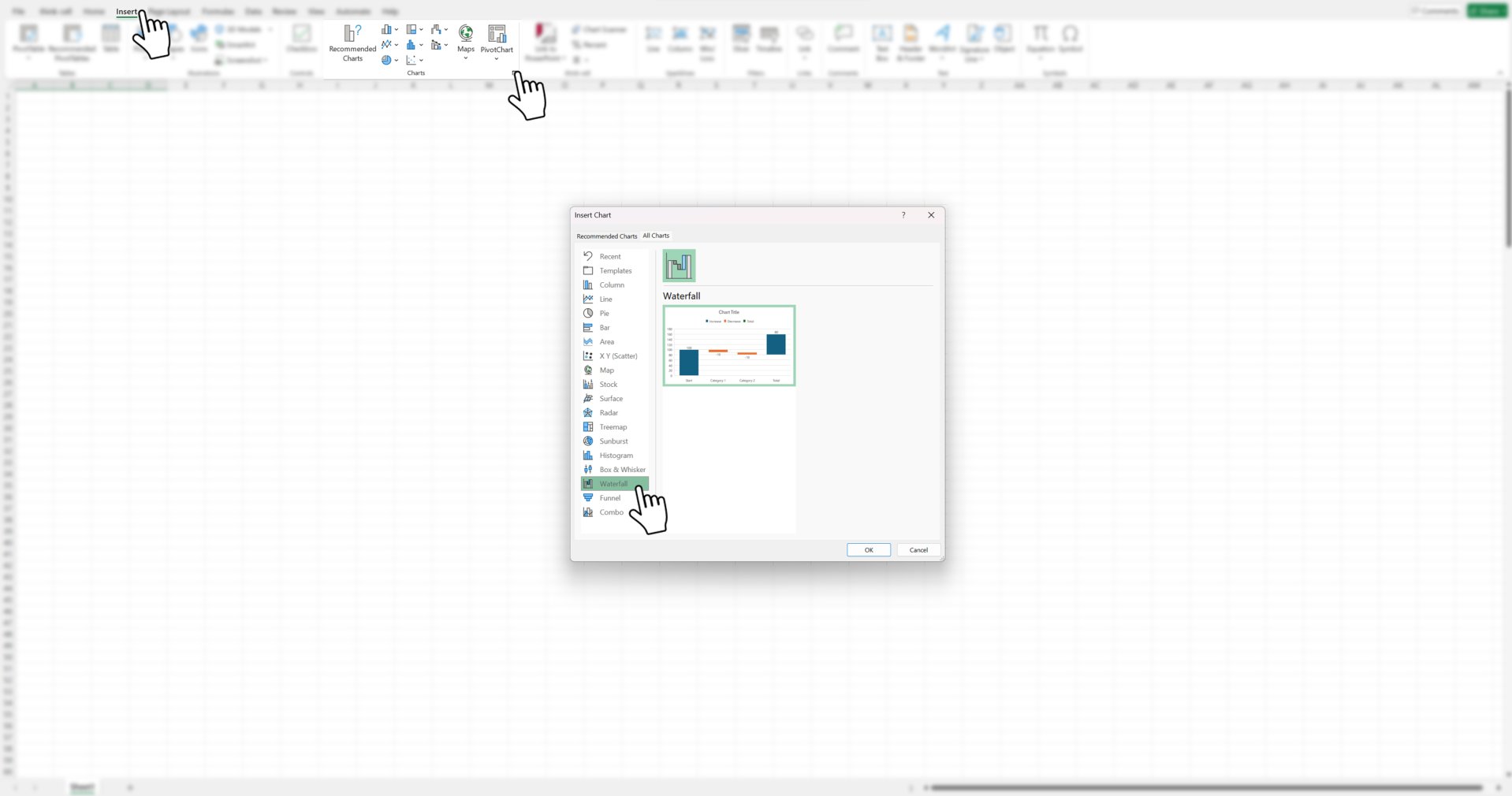 Excel UI showing where to click to insert a waterfall chart.