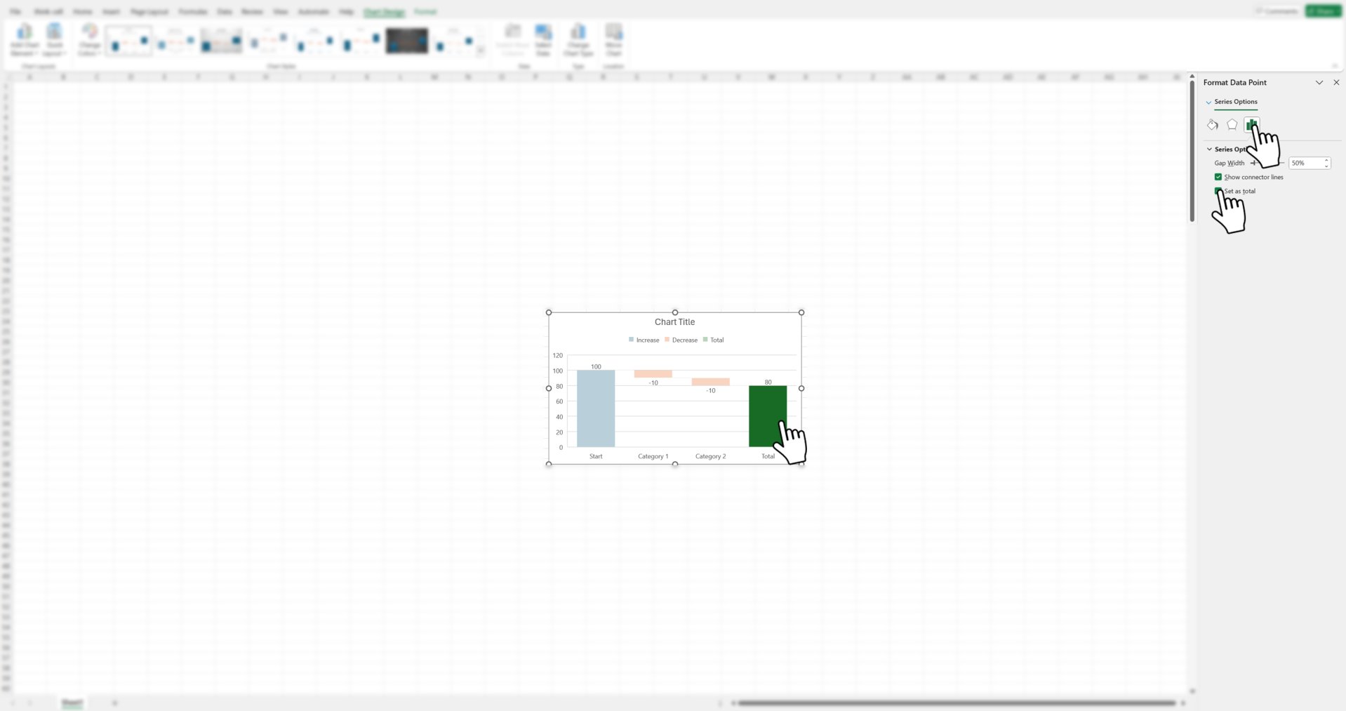 Excel UI showing where to click to select a data series and set it as a total column.