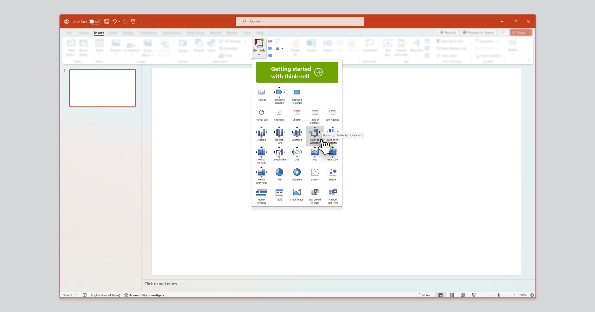 think-cell UI in PowerPoint showing navigation to Build-up Waterfall chart under Elements menu.