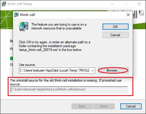 error when installing new think-cell version