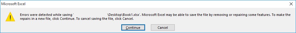 Excel error message: Errors were detected while saving