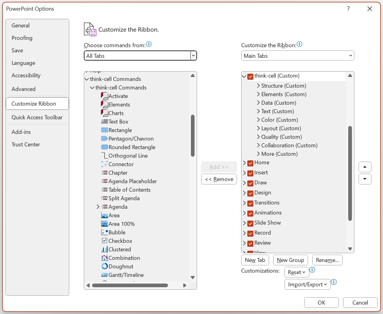 customizing the ribbon tab using PowerPoint Options.