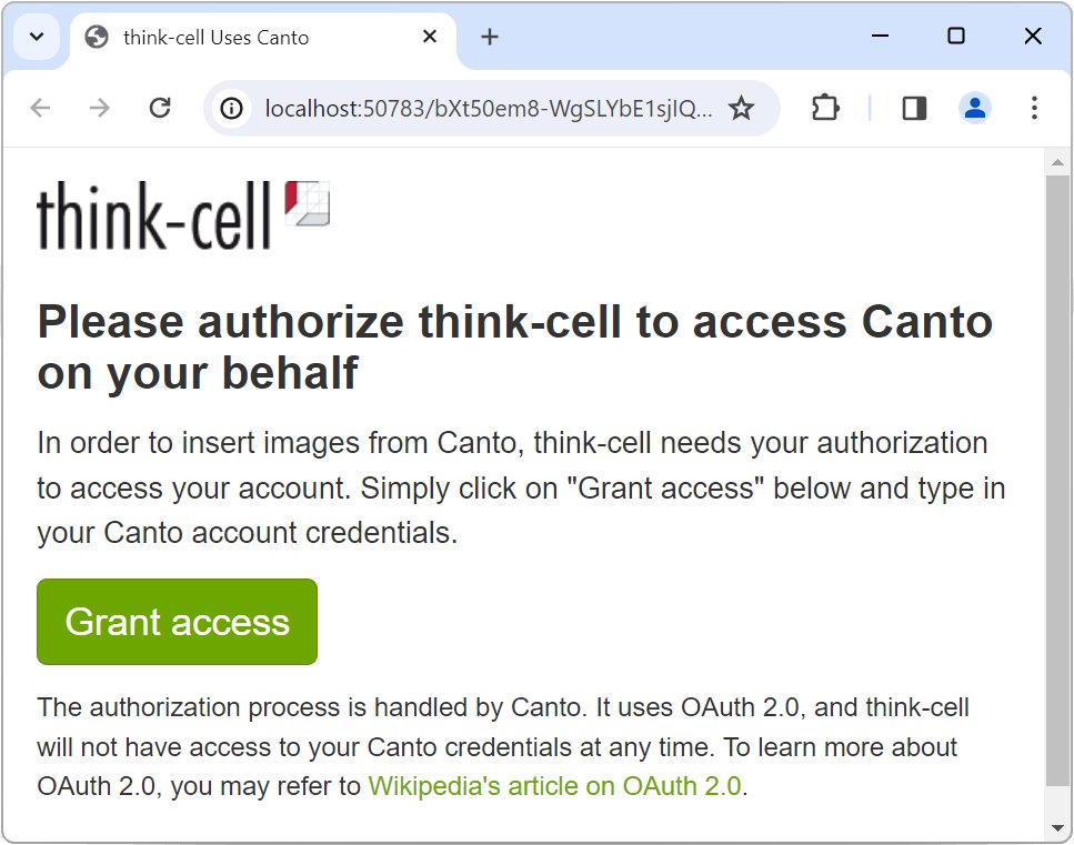 A browser window that asks the user to authorize think-cell to access Canto on the user's behalf.