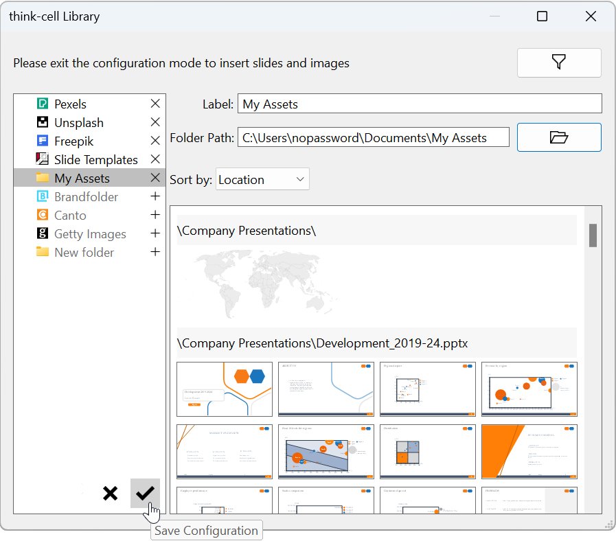 The think-cell Library dialog with a user folder called "My Assets" in the sources list.