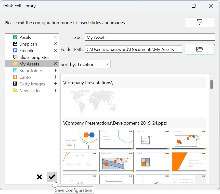 The think-cell Library dialog with a user folder called "My Assets" in the sources list