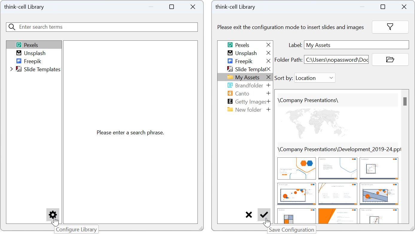 Two think-cell Library dialogs. In the first, the Configure Library button is selected. In the second, the Save Configuration button is selected.