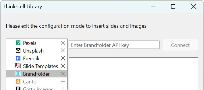 The think-cell Library dialog with a text field for entering a Brandfolder API key.