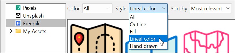 The Freepik search filters in the think-cell Library: "Color," "Style," and "Sort by"