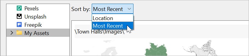 The sort options for searching user images in the think-cell Library: "Location" and "Most Recent"