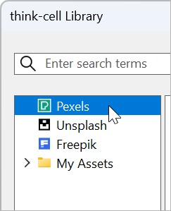 The think-cell library sources pane with 4 image sources. The mouse hovers over image source Pexels.