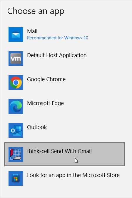Selecting "think-cell Send with Gmail" in "Choose an app" dialog.