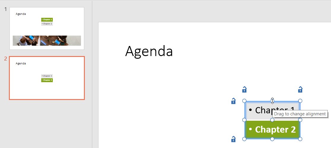 Um elemento da agenda selecionado em um slide, com o cursor do mouse sobre sua alça superior.