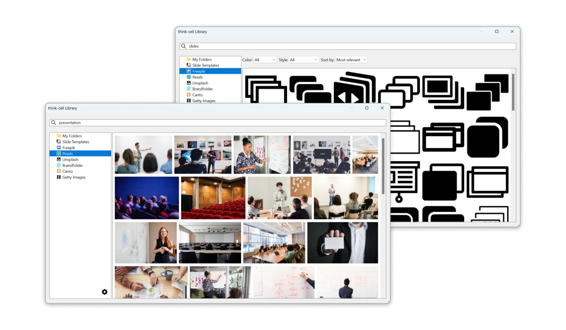 Two think-cell Library dialogs, one with Freepik icons in the search results, the other with Pexels stock images.