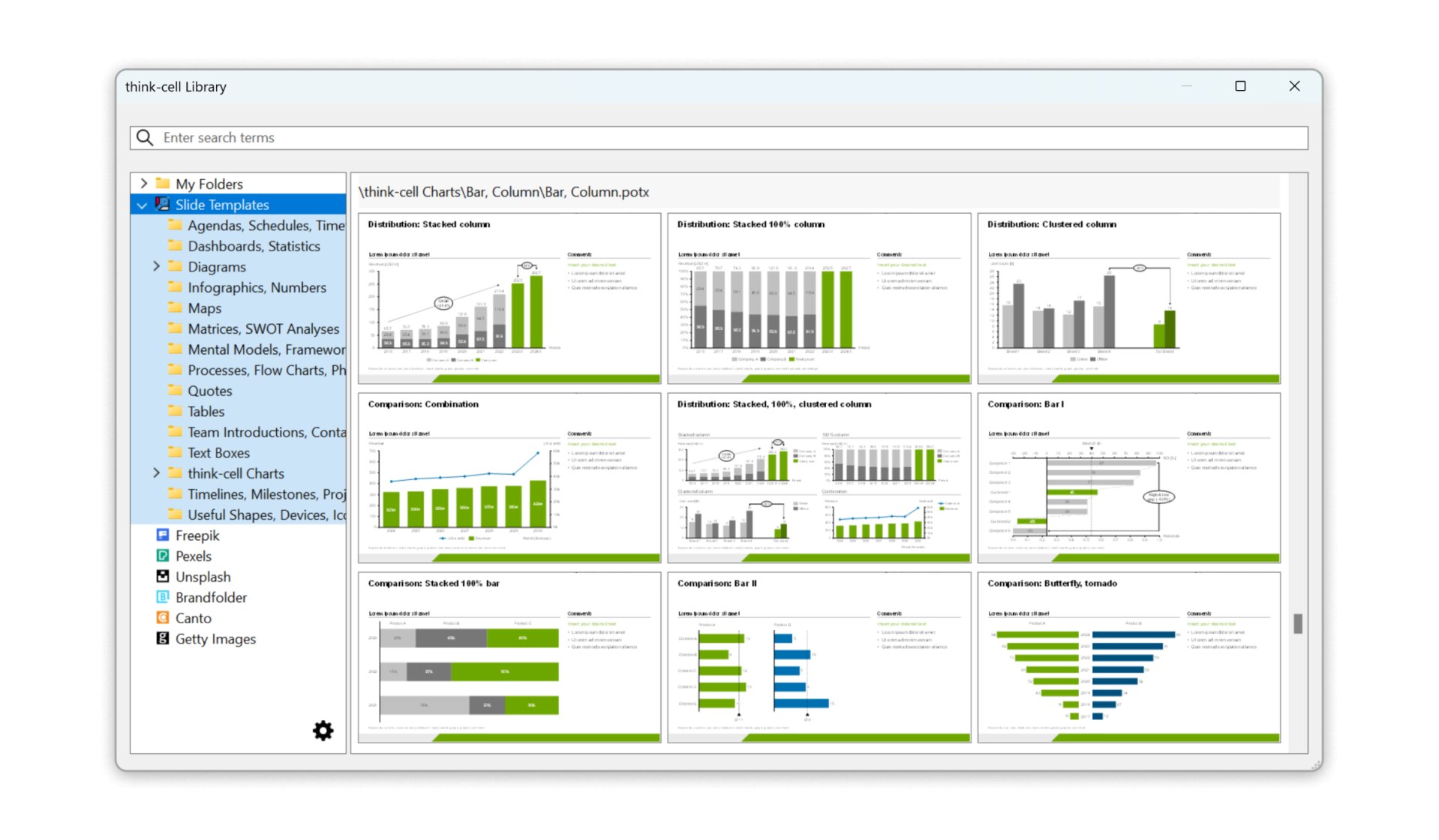 In the library dialog, in the library sources pane, the source "Slide Templates" is selected. In the search results pane are templates for slides containing bar and column charts.