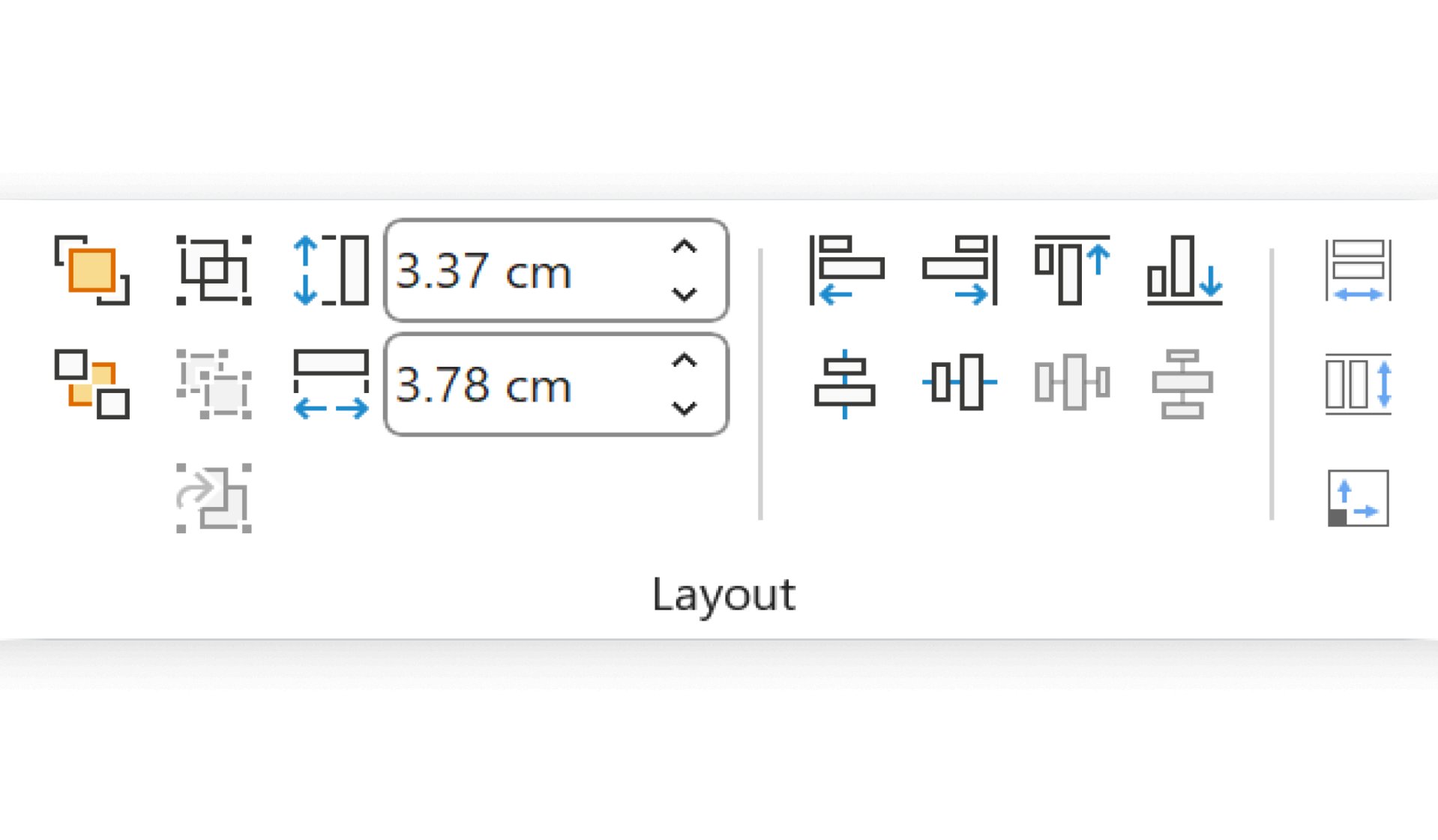 The Layout group on the PowerPoint ribbon. Beside PowerPoint's align buttons are think-cell buttons for same width, same height, and same size.