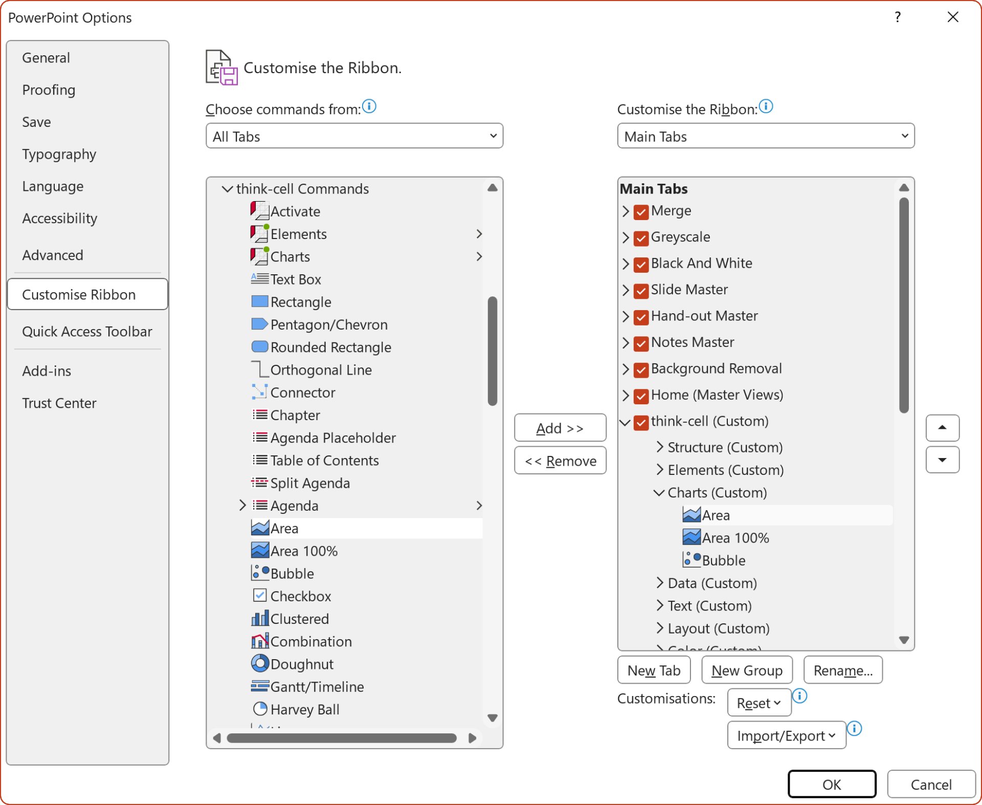 The PowerPoint Customize Ribbon dialog.