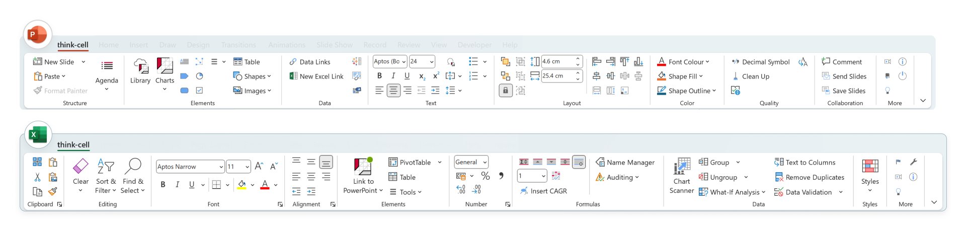 The think-cell tabs on the PowerPoint and Excel ribbons.