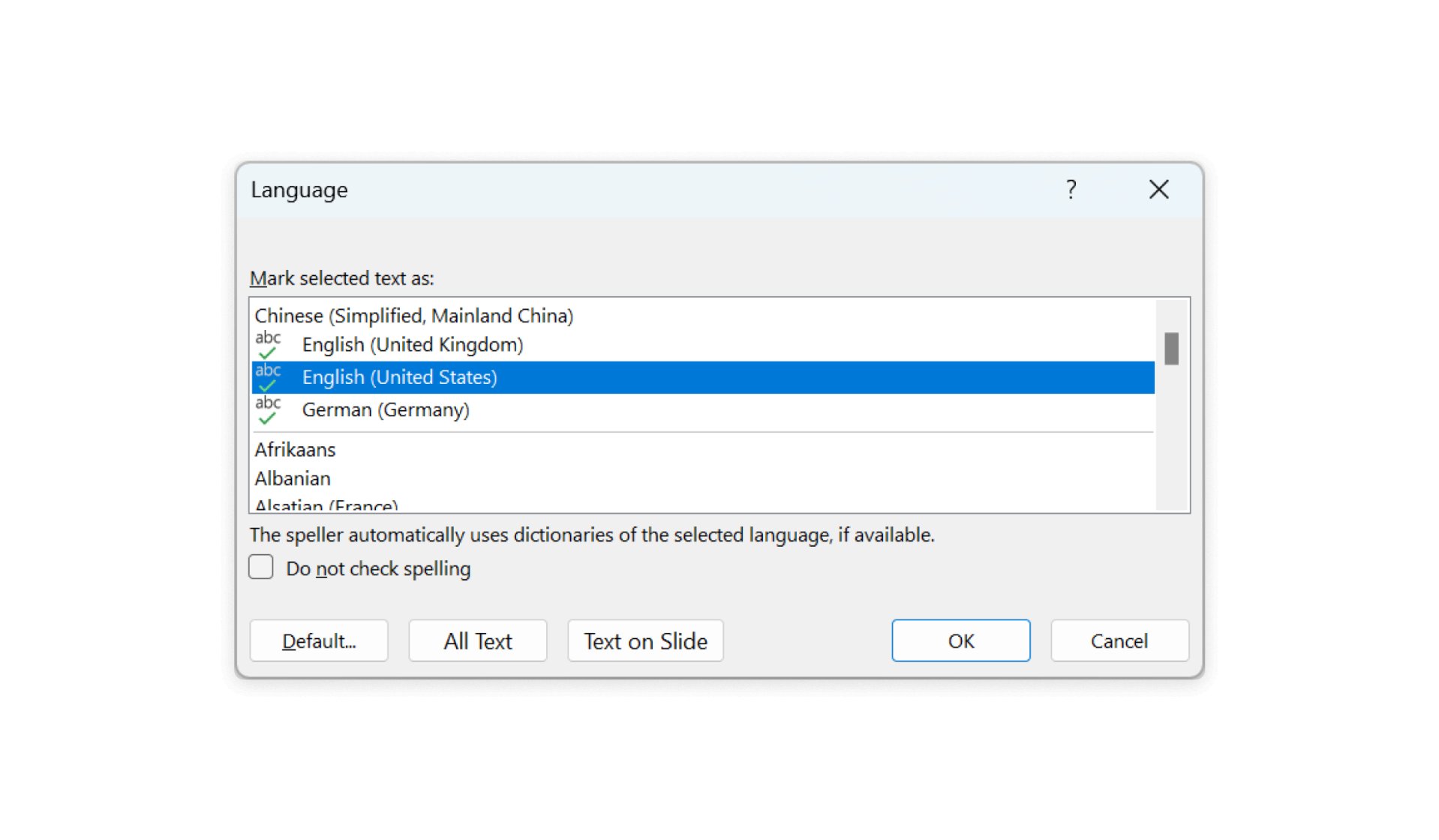 The think-cell proofing language dialog. It has a menu of languages and buttons to apply the language to all presentation text or the text on the selected slide.