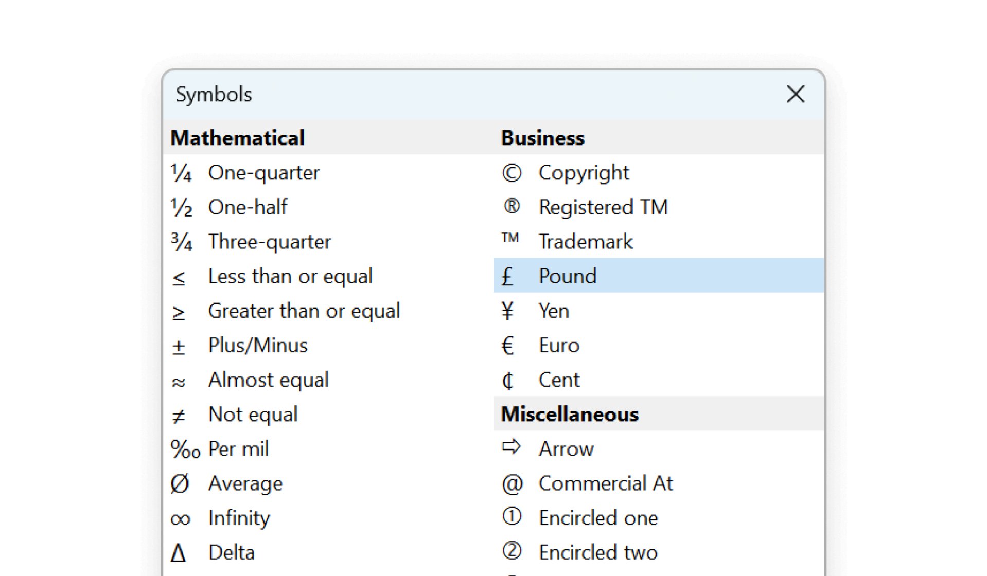 The think-cell Symbols dialog.