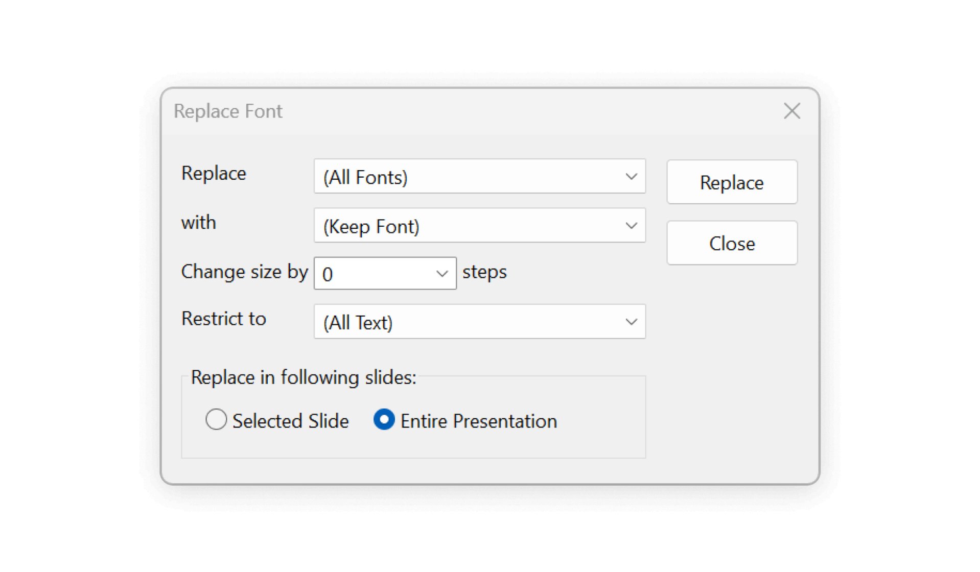 The think-cell Replace Font dialog adds options to change the font size; restrict font replacement to Latin text, Asian text, or complex scripts; and to apply the changes to the selected slide or entire presentation.