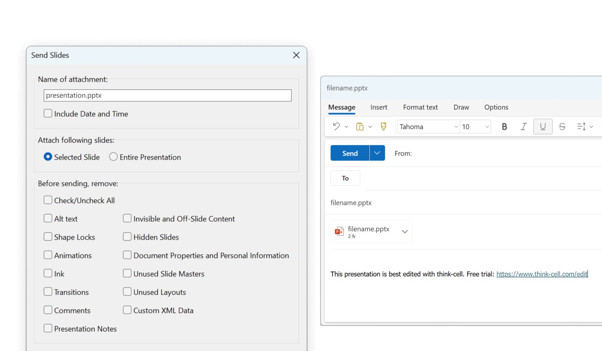 The think-cell Send Slides dialog and an email with a PowerPoint attachment, created by the Send Slides tool.