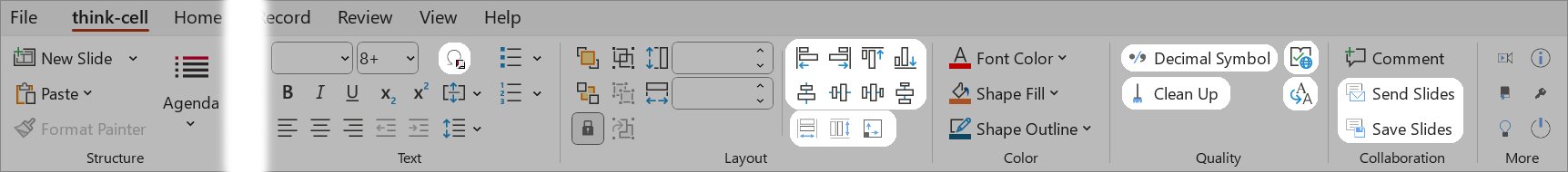 think-cell tab with productivity tools highlighted.